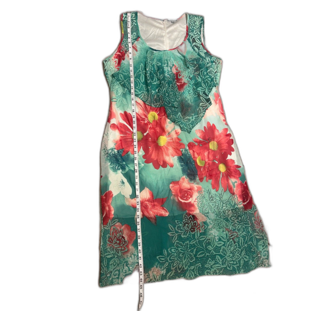 Milano Floral Dress Size 14 Teal Pink Sleeveless Sheath Midi Spring Summer - Picture 4 of 7